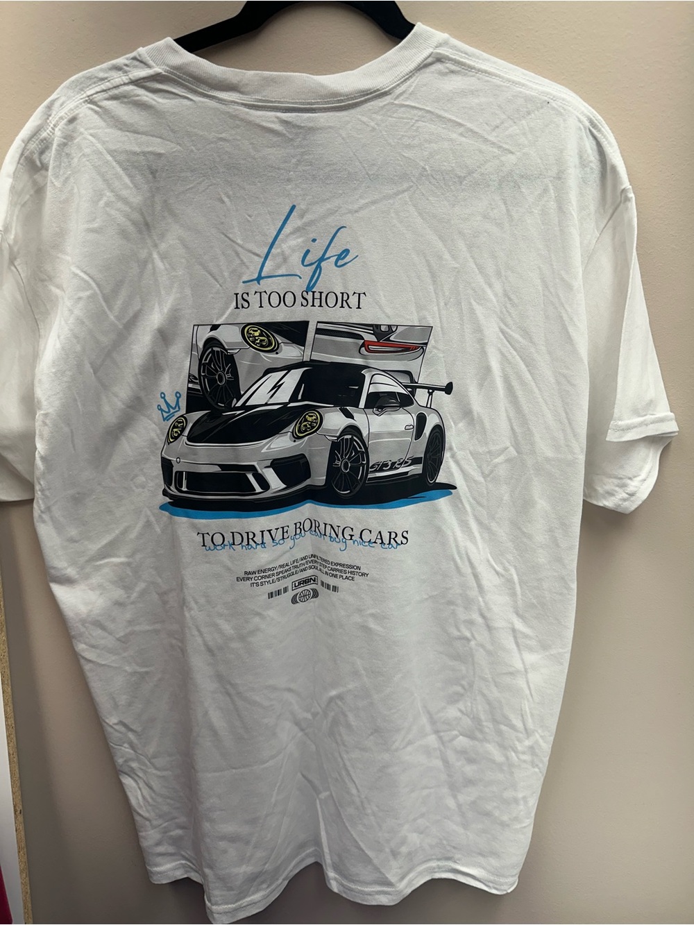 Gildan White Short-Sleeve Tee with Blue & Black Sports Car Graphic